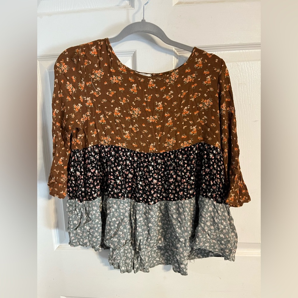 ODDY Floral Patchwork Blouse - Brown, Black, Gray